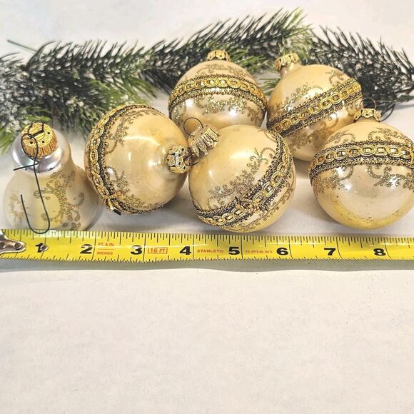 6 Vintage Gold West Germany Christmas Tree Ornaments Mercury Glass? 2.25 Glitter - Picture 6 of 7